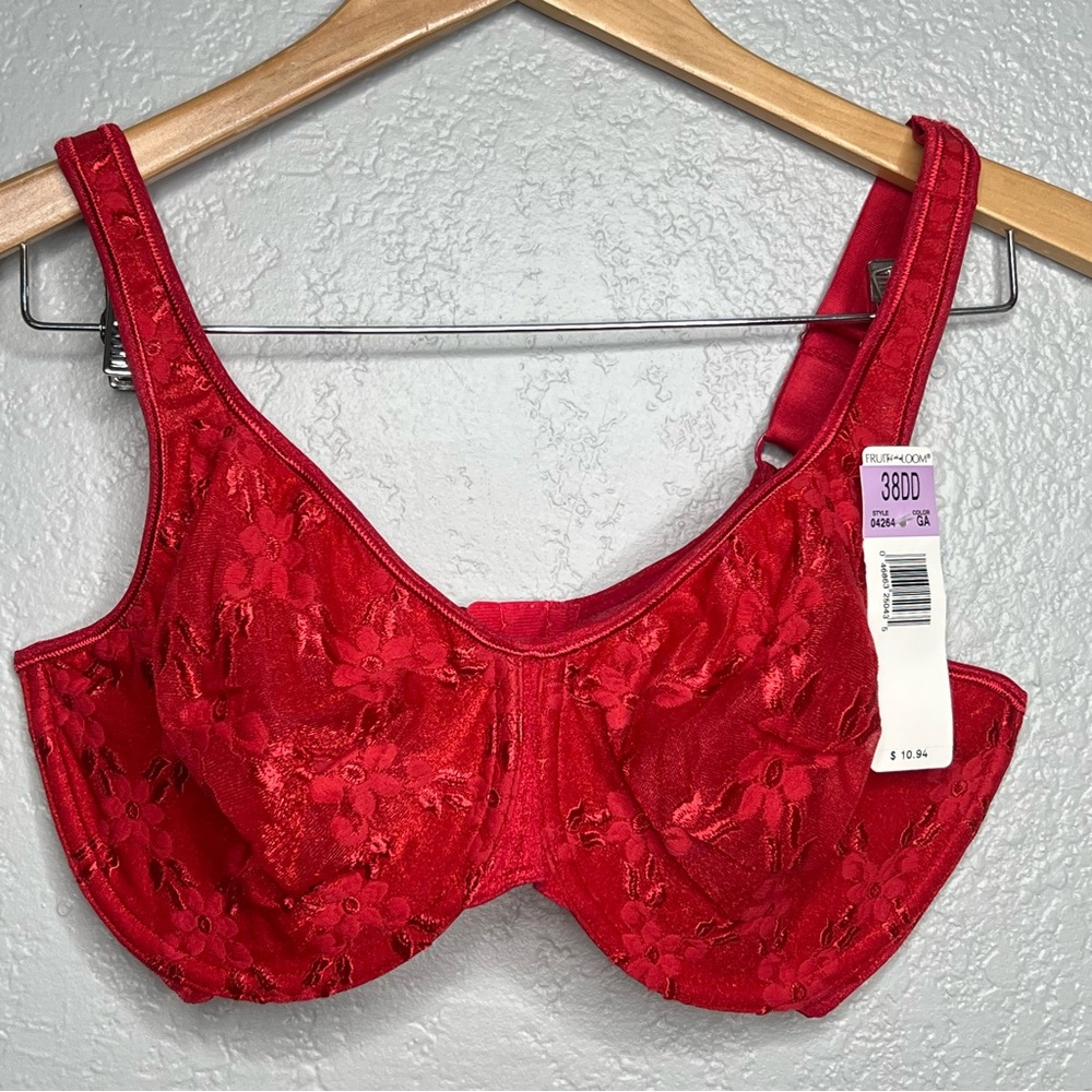 Vintage 90s fruit of the loom red Lace Women's Bra sz 38DD